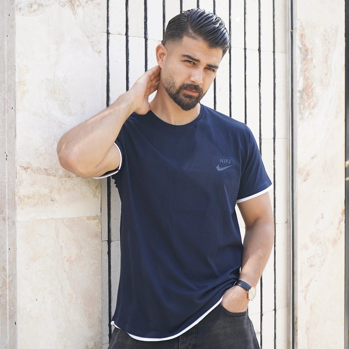 تیشرت یقه گرد سرمه ای مردانه مدل kamyar