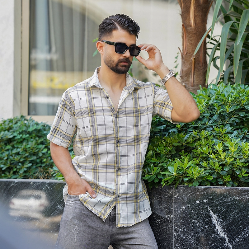 پیراهن چهارخونه زرد سفید مردانه مدل Okava