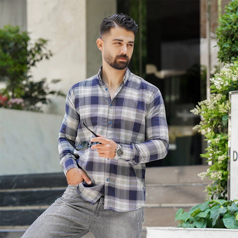 پیراهن چهارخونه سرمه ای زرد مردانه مدل Sany