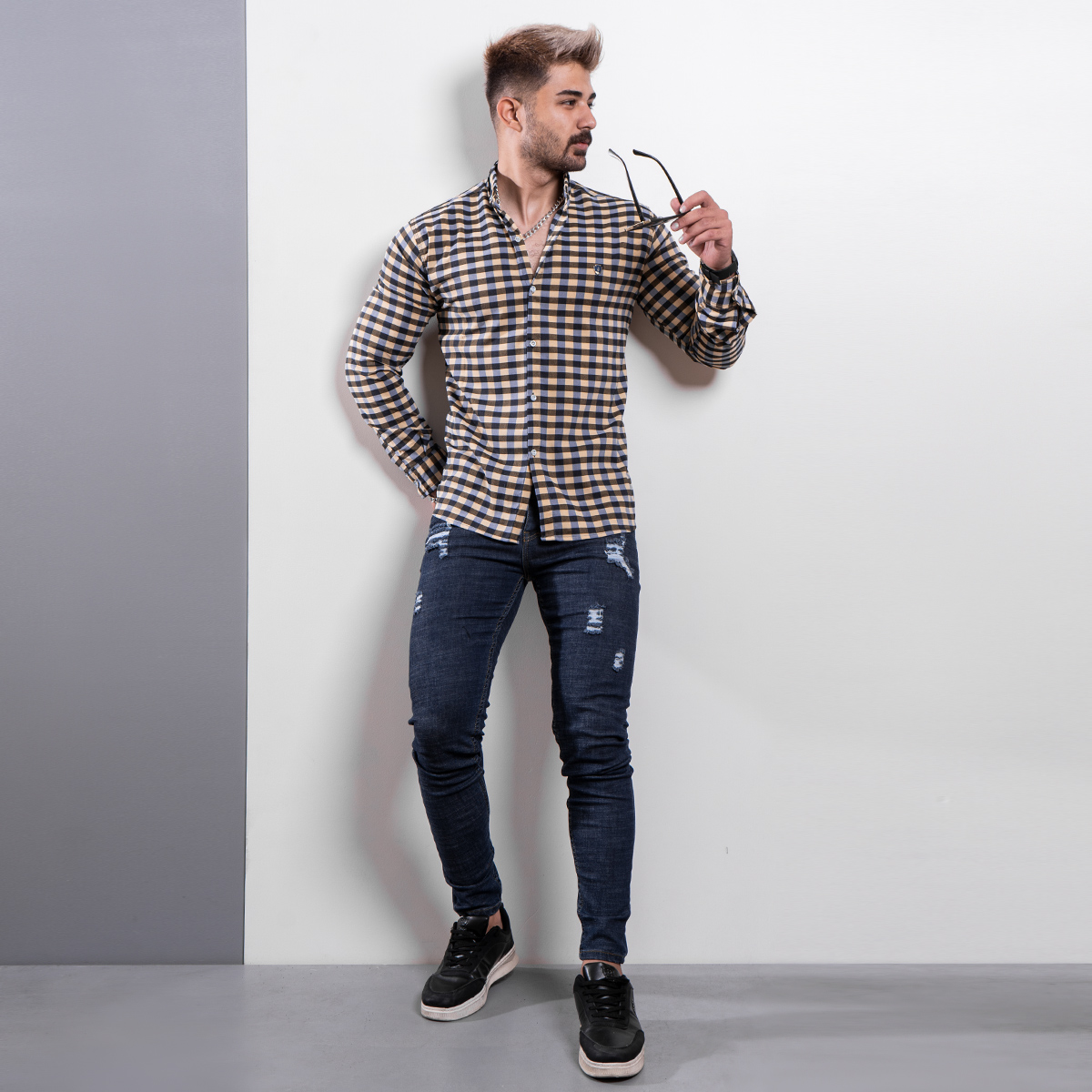 پیراهن شطرنجی زرد مردانه مدل Crown