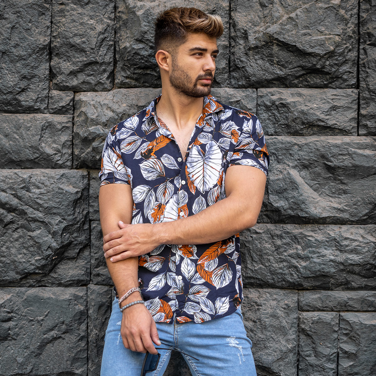 پیراهن هاوایی مردانه سرمه ای مدل Dena