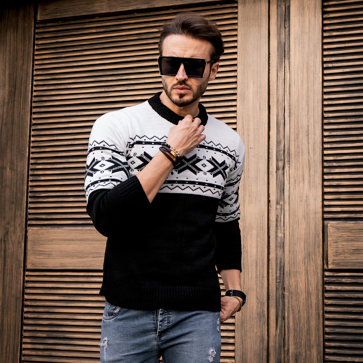 پلیور بافت مردانه سفید مشکی مدل Borna