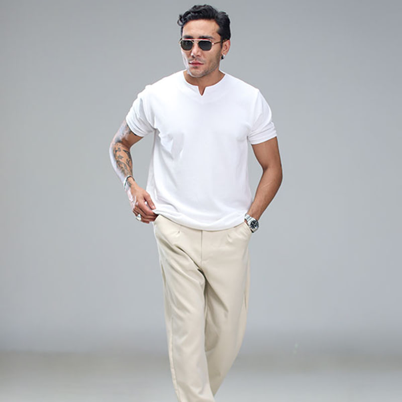 تیشرت آستین کوتاه یقه کوبایی سفید مردانه مدل Asam