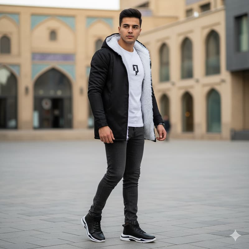 پکیج شنل خز سفید venitکفش emto مشکی